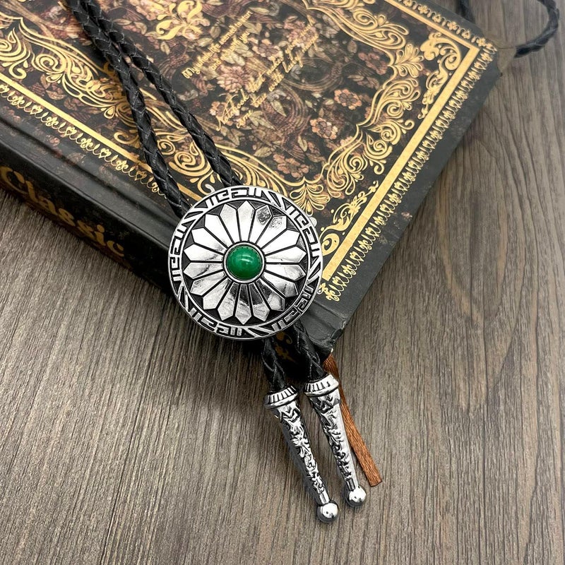 YOQUCOL Vintage American Western Cowboy Indian Art Stone Genunie Leather Bolo Tie For Men Women - Image 4